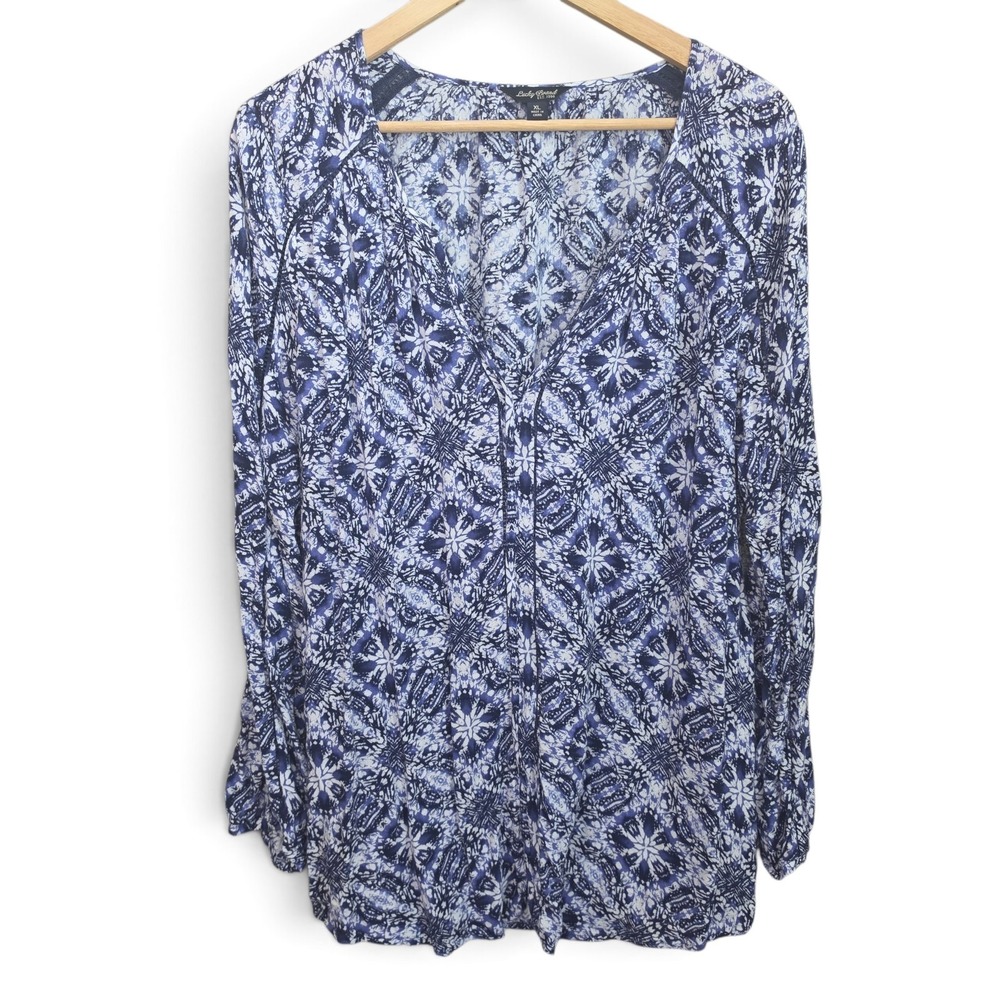 Lucky Brand Blouse Womens XL Blue White Tile Print Boho Split Neck Long Sleeve
